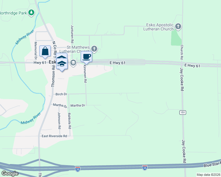 map of restaurants, bars, coffee shops, grocery stores, and more near 51 Birch Drive in Esko