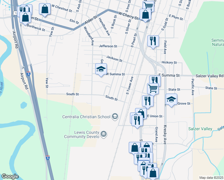 map of restaurants, bars, coffee shops, grocery stores, and more near 18 South Pearl Street in Centralia