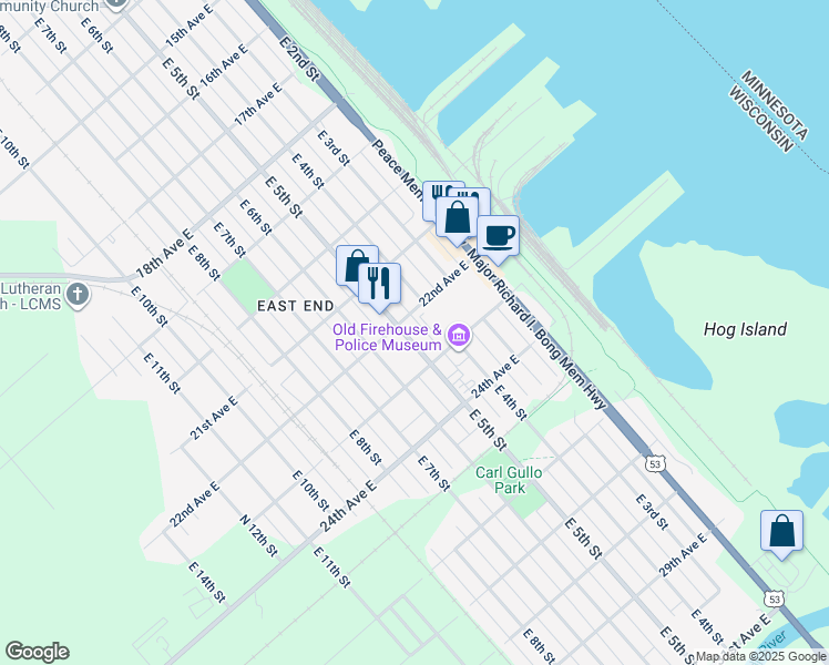 map of restaurants, bars, coffee shops, grocery stores, and more near 415 23rd Avenue East in Superior