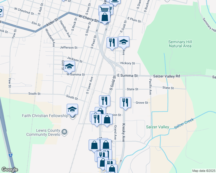 map of restaurants, bars, coffee shops, grocery stores, and more near 1004 Roosevelt Avenue in Centralia