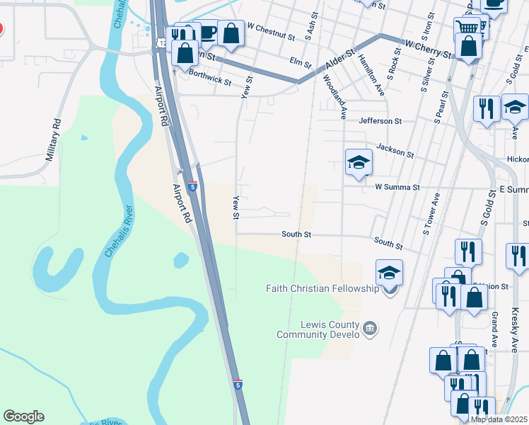 map of restaurants, bars, coffee shops, grocery stores, and more near 1112 Long Road in Centralia