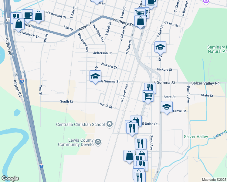 map of restaurants, bars, coffee shops, grocery stores, and more near 1024 South Silver Street in Centralia