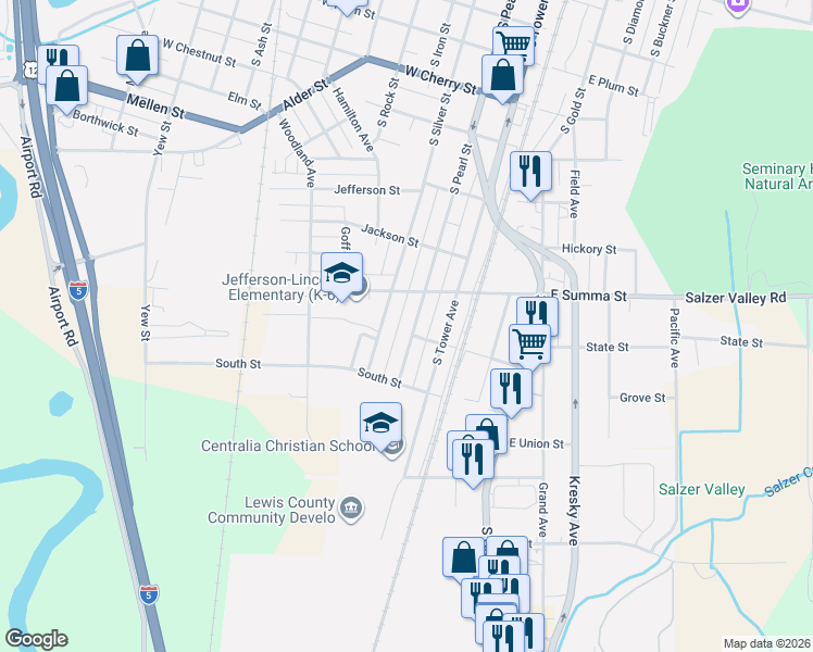 map of restaurants, bars, coffee shops, grocery stores, and more near 1015 South Pearl Street in Centralia