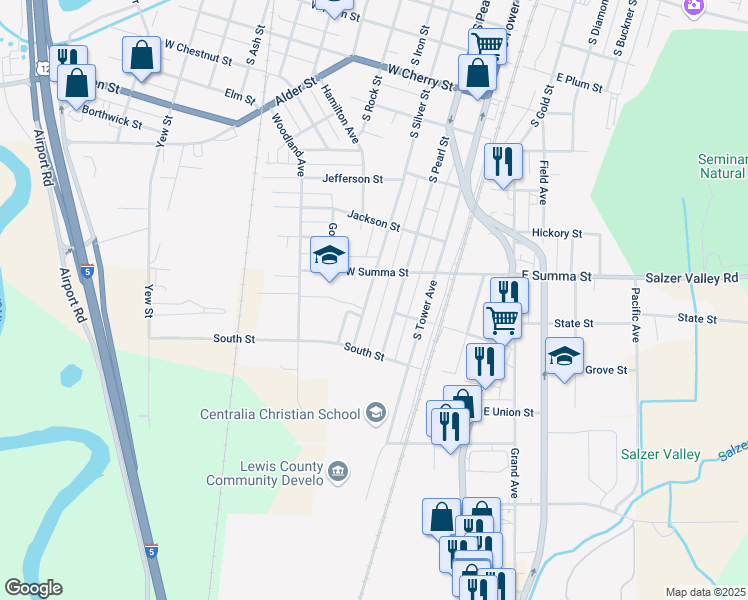 map of restaurants, bars, coffee shops, grocery stores, and more near 1024 South Silver Street in Centralia