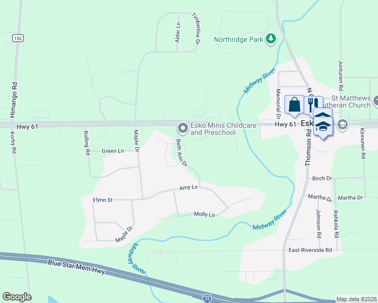 map of restaurants, bars, coffee shops, grocery stores, and more near 7 Andrea Avenue in Esko