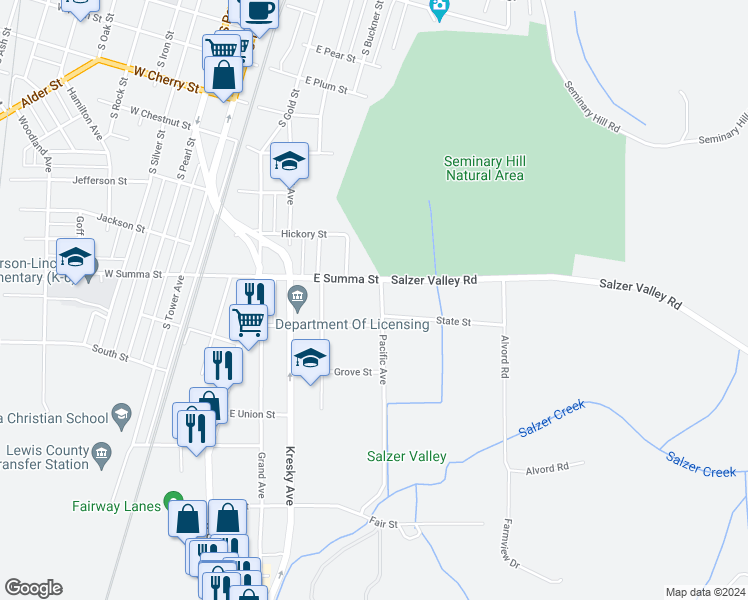 map of restaurants, bars, coffee shops, grocery stores, and more near 1005 Pacific Avenue in Centralia