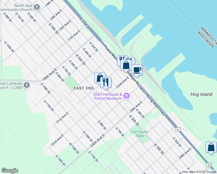 map of restaurants, bars, coffee shops, grocery stores, and more near 2117 East 5th Street in Superior