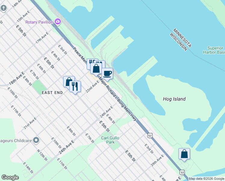 map of restaurants, bars, coffee shops, grocery stores, and more near 2301 U.S. 53 in Superior