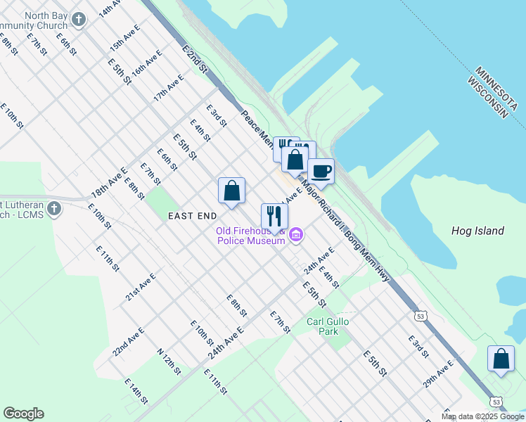map of restaurants, bars, coffee shops, grocery stores, and more near 2117 East 5th Street in Superior