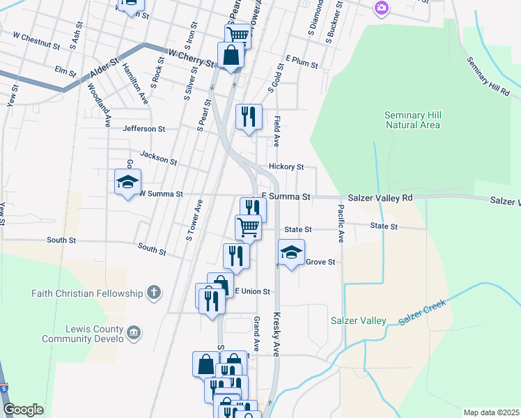 map of restaurants, bars, coffee shops, grocery stores, and more near 1004 South Gold Street in Centralia