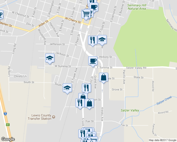 map of restaurants, bars, coffee shops, grocery stores, and more near 1004 Roosevelt Avenue in Centralia