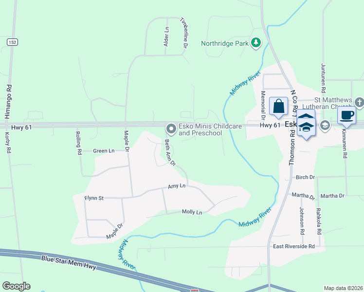 map of restaurants, bars, coffee shops, grocery stores, and more near 7 Andrea Avenue in Esko