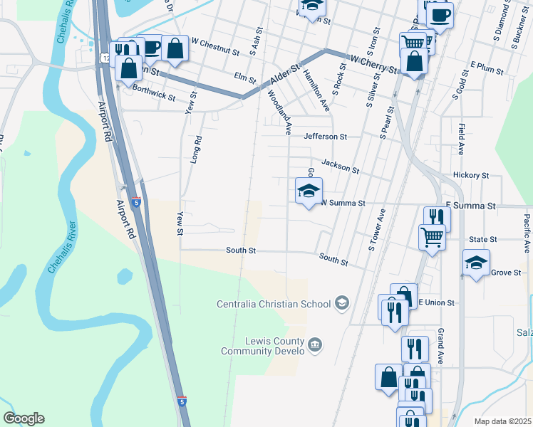 map of restaurants, bars, coffee shops, grocery stores, and more near 1107 Woodland Avenue in Centralia