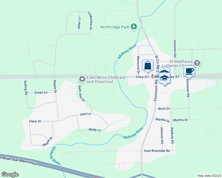map of restaurants, bars, coffee shops, grocery stores, and more near 5 Farmstead Road in Esko