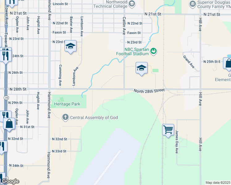 map of restaurants, bars, coffee shops, grocery stores, and more near 726 North 28th Street in Superior