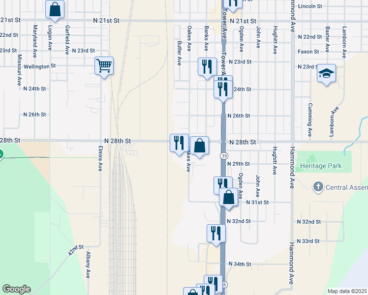 map of restaurants, bars, coffee shops, grocery stores, and more near 2809 Oakes Avenue in Superior