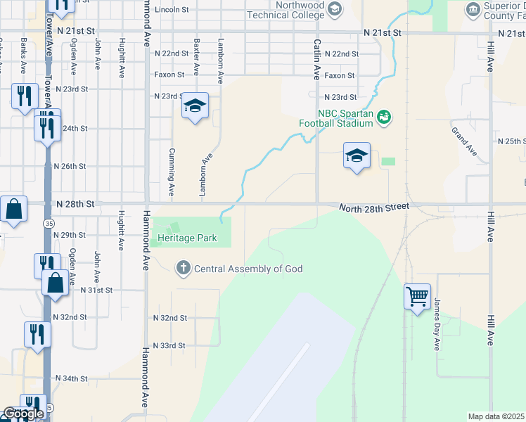 map of restaurants, bars, coffee shops, grocery stores, and more near 904 North 28th Street in Superior