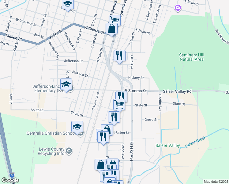 map of restaurants, bars, coffee shops, grocery stores, and more near 1004 Roosevelt Avenue in Centralia