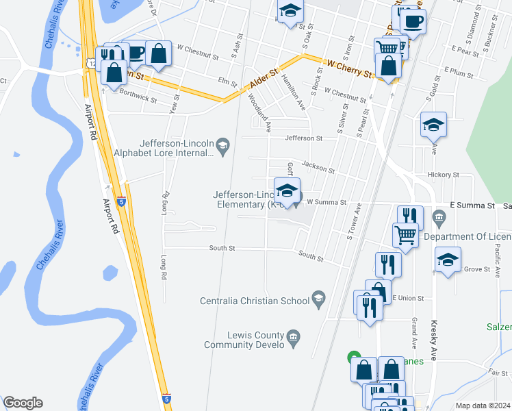 map of restaurants, bars, coffee shops, grocery stores, and more near 1107 Woodland Avenue in Centralia