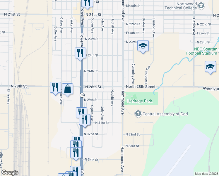 map of restaurants, bars, coffee shops, grocery stores, and more near 2813 Hughitt Avenue in Superior
