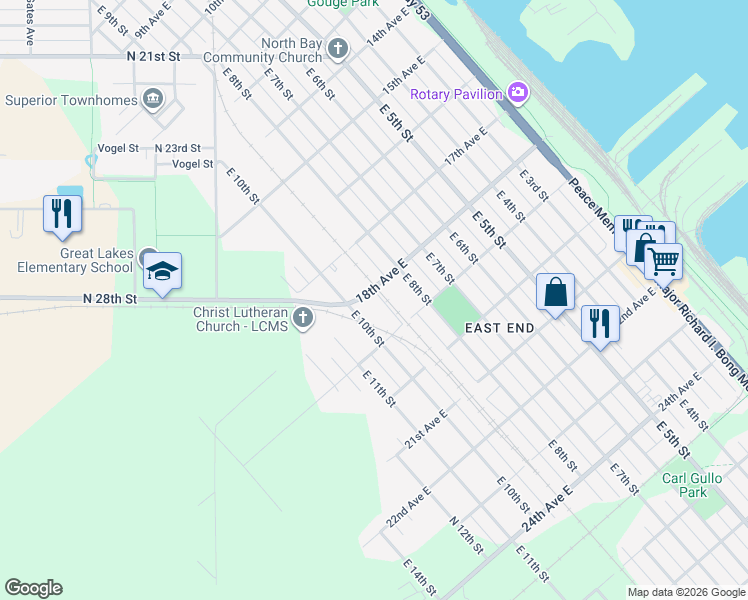map of restaurants, bars, coffee shops, grocery stores, and more near 1803 East 9th Street in Superior