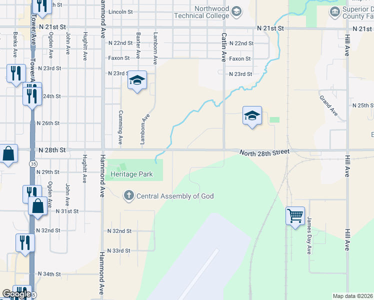 map of restaurants, bars, coffee shops, grocery stores, and more near 906 North 28th Street in Superior