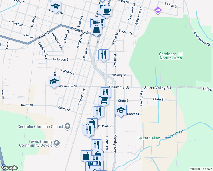 map of restaurants, bars, coffee shops, grocery stores, and more near 1004 South Gold Street in Centralia