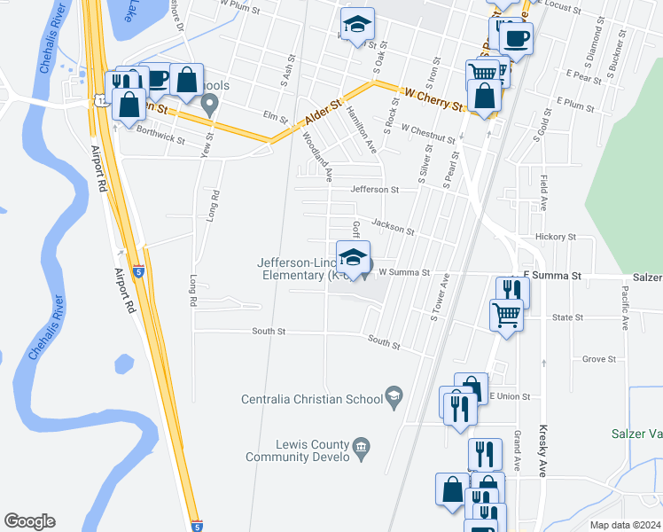map of restaurants, bars, coffee shops, grocery stores, and more near 1024 Woodland Avenue in Centralia