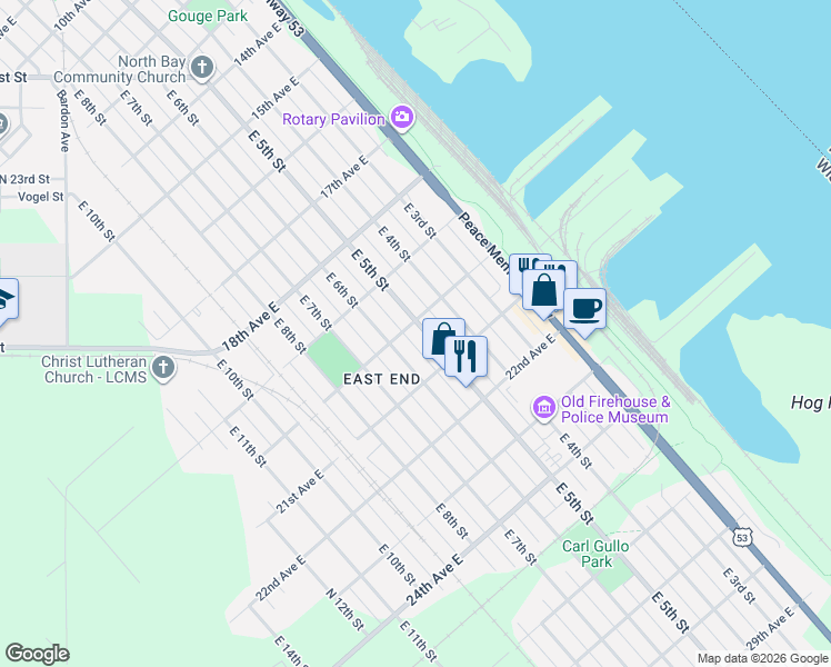 map of restaurants, bars, coffee shops, grocery stores, and more near 501 20th Avenue East in Superior