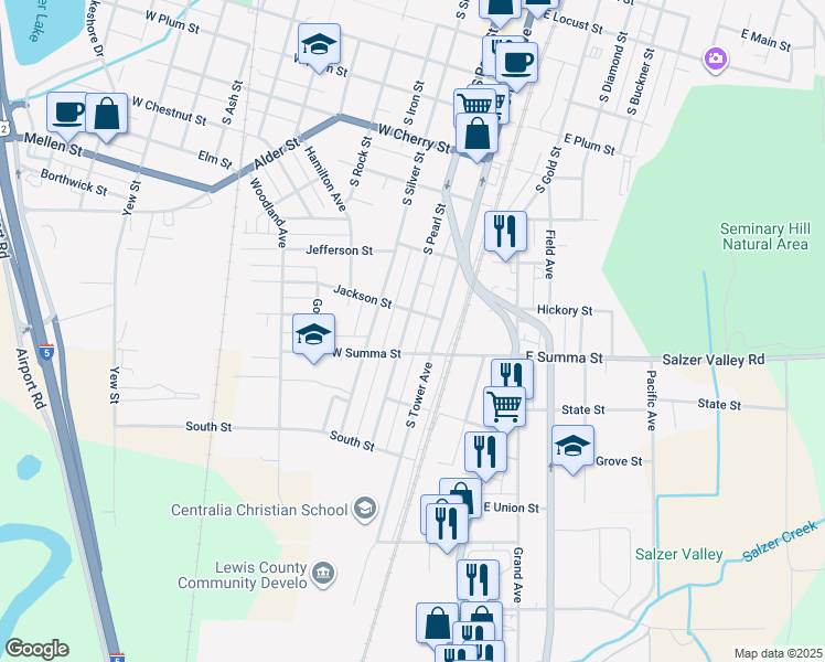 map of restaurants, bars, coffee shops, grocery stores, and more near 914 South Pearl Street in Centralia