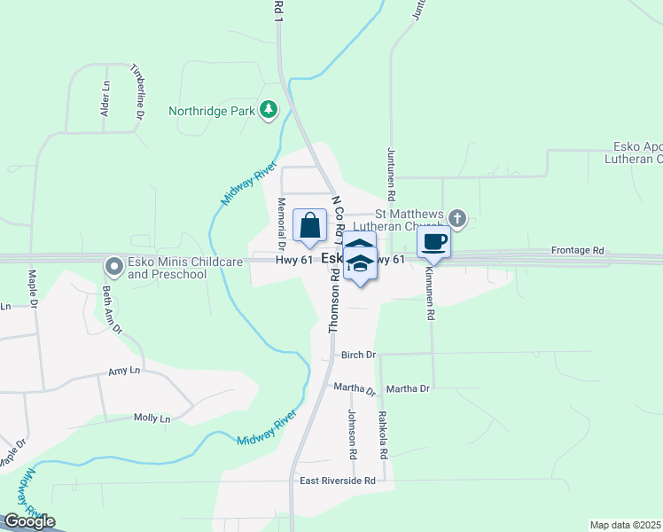 map of restaurants, bars, coffee shops, grocery stores, and more near 2 County Road 61 in Esko