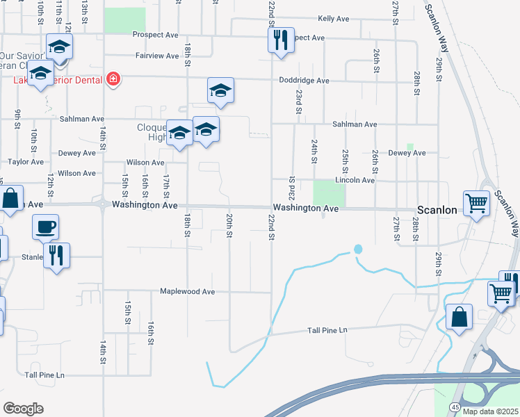 map of restaurants, bars, coffee shops, grocery stores, and more near 2112 County Highway 16 in Cloquet