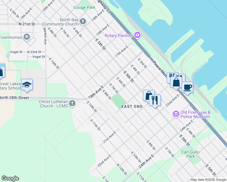 map of restaurants, bars, coffee shops, grocery stores, and more near 1825 East 7th Street in Superior