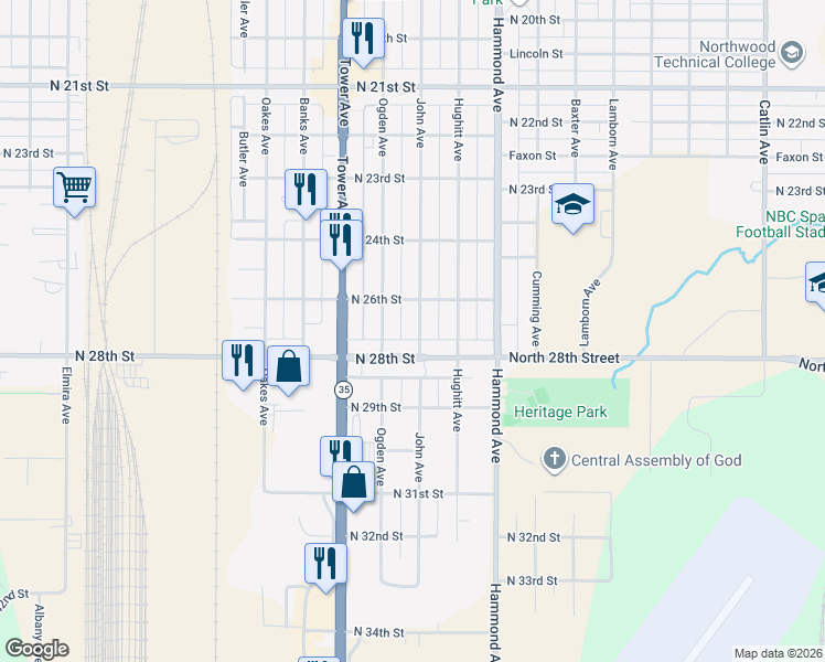 map of restaurants, bars, coffee shops, grocery stores, and more near 2623 John Avenue in Superior