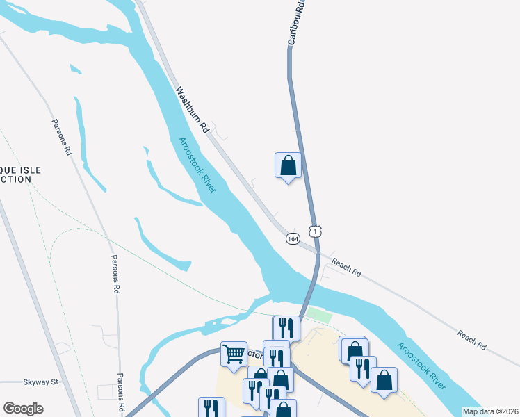 map of restaurants, bars, coffee shops, grocery stores, and more near 20 Washburn Road in Presque Isle