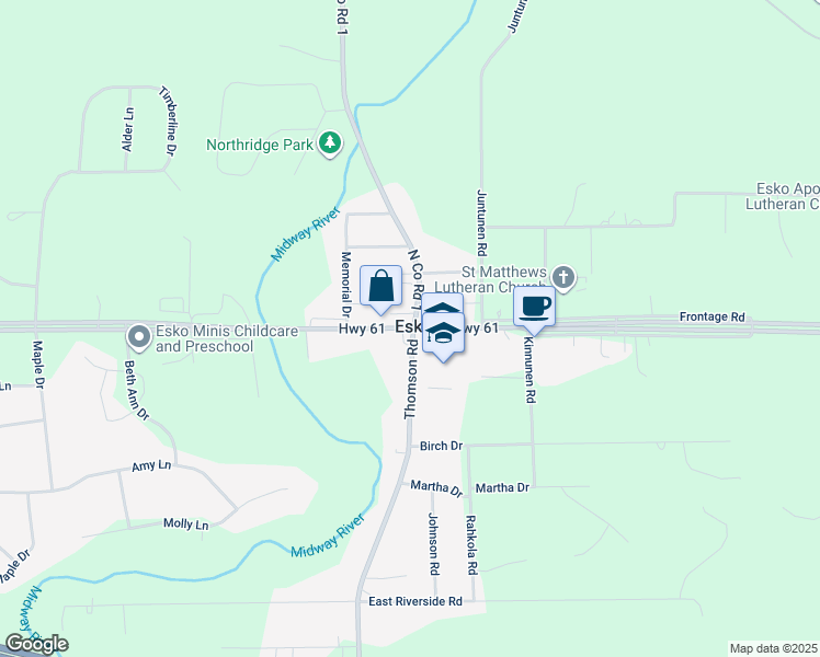 map of restaurants, bars, coffee shops, grocery stores, and more near 2 County Road 61 in Esko