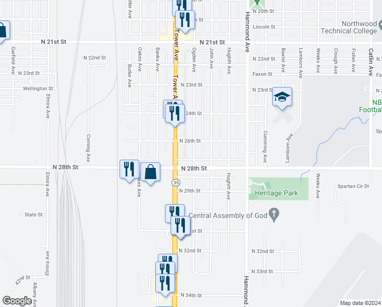 map of restaurants, bars, coffee shops, grocery stores, and more near 2619 Ogden Avenue in Superior