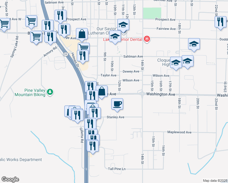 map of restaurants, bars, coffee shops, grocery stores, and more near in Cloquet
