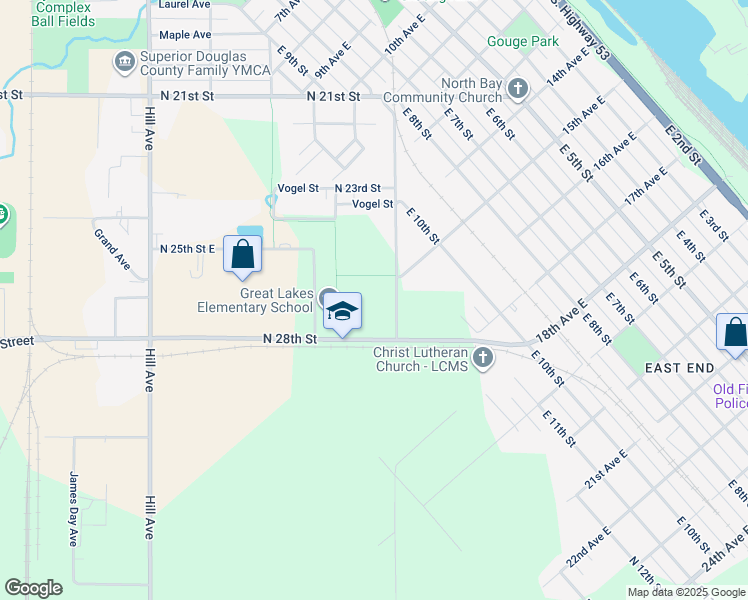 map of restaurants, bars, coffee shops, grocery stores, and more near 1200 15th Avenue East in Superior