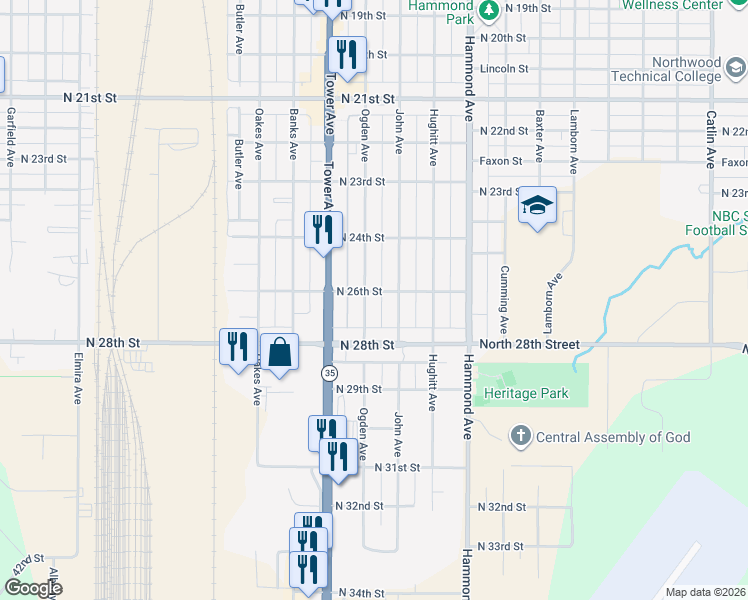map of restaurants, bars, coffee shops, grocery stores, and more near 2623 John Avenue in Superior