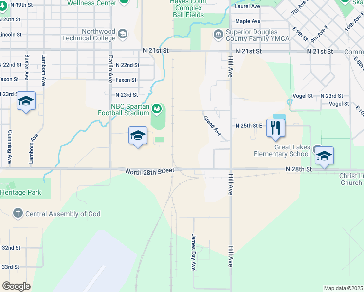 map of restaurants, bars, coffee shops, grocery stores, and more near 325 North 28th Street in Superior