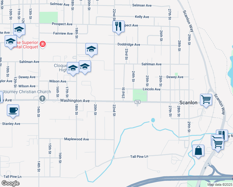 map of restaurants, bars, coffee shops, grocery stores, and more near 2112 County Highway 16 in Cloquet