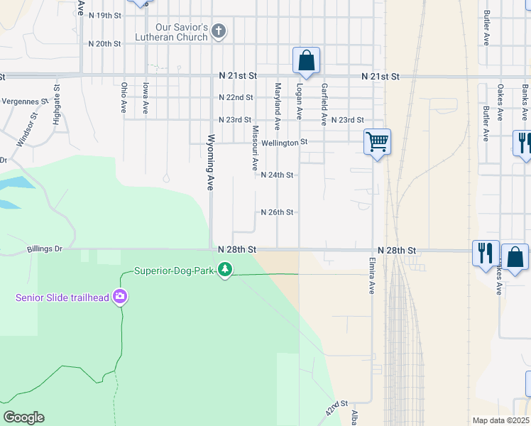 map of restaurants, bars, coffee shops, grocery stores, and more near 2428 Missouri Avenue in Superior