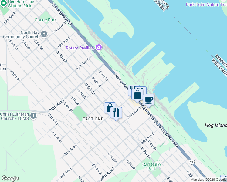map of restaurants, bars, coffee shops, grocery stores, and more near 1912 East 3rd Street in Superior