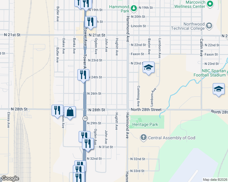 map of restaurants, bars, coffee shops, grocery stores, and more near 2421 Hughitt Avenue in Superior