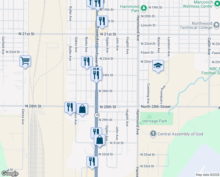 map of restaurants, bars, coffee shops, grocery stores, and more near 2421 John Avenue in Superior