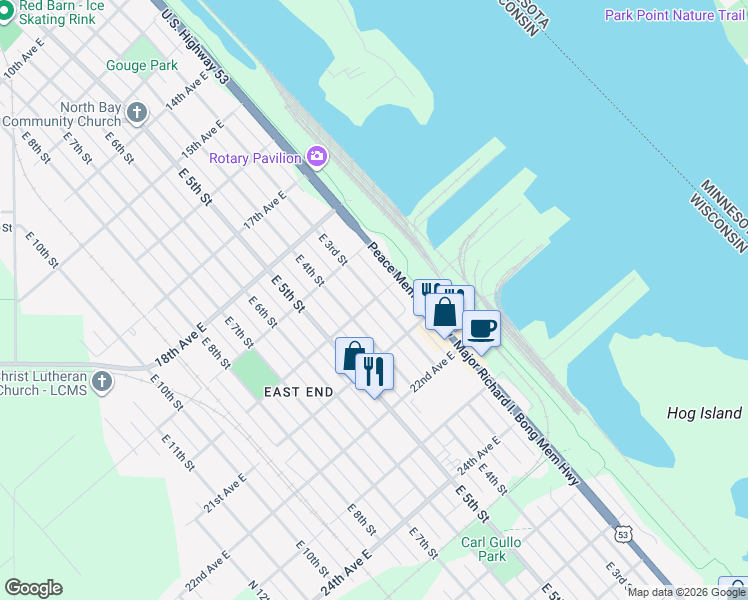 map of restaurants, bars, coffee shops, grocery stores, and more near 200 20th Avenue East in Superior