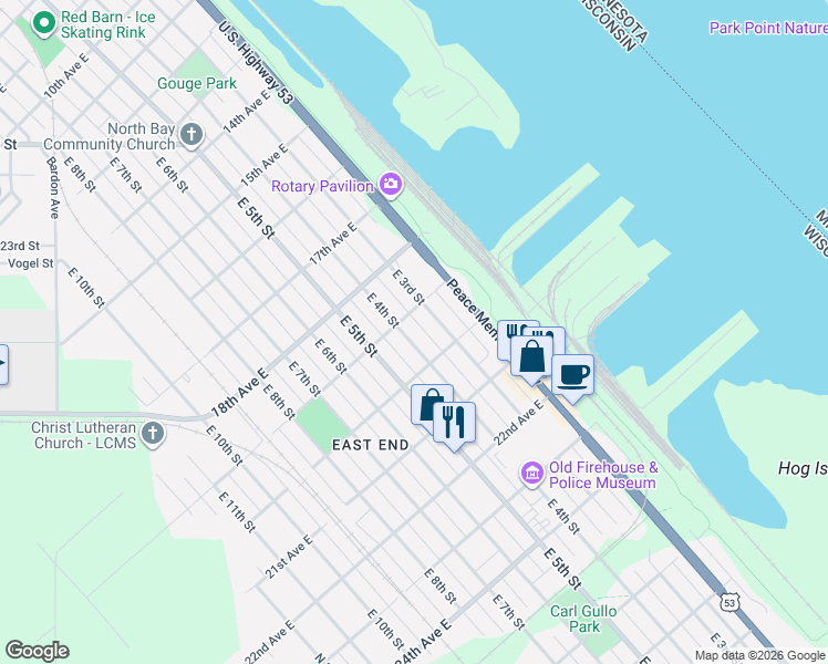 map of restaurants, bars, coffee shops, grocery stores, and more near 1912 East 3rd Street in Superior