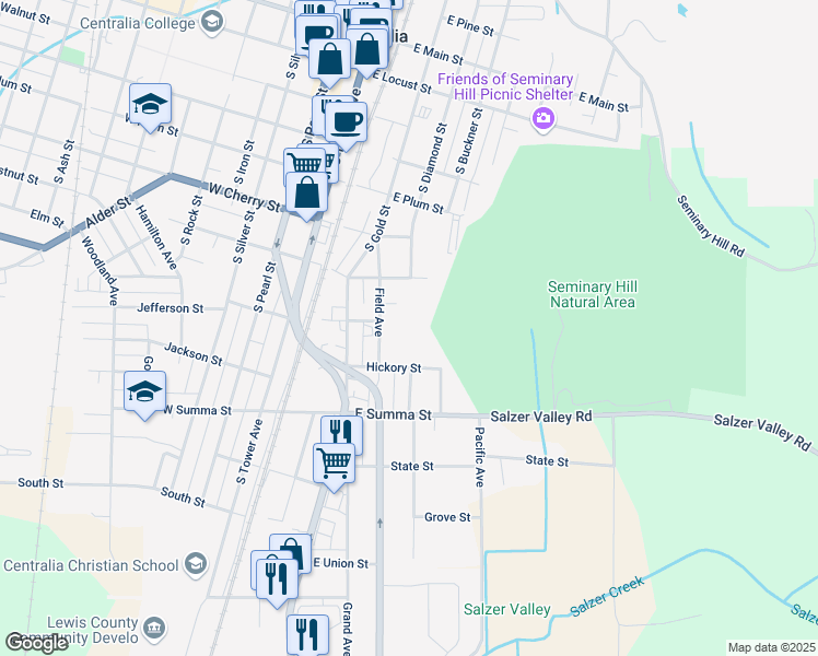 map of restaurants, bars, coffee shops, grocery stores, and more near 800 Field Avenue in Centralia