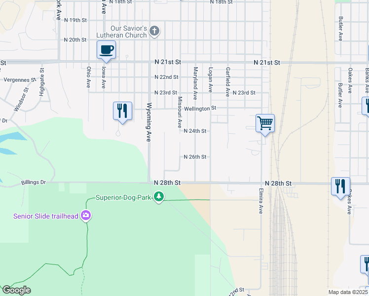 map of restaurants, bars, coffee shops, grocery stores, and more near 2428 Missouri Avenue in Superior